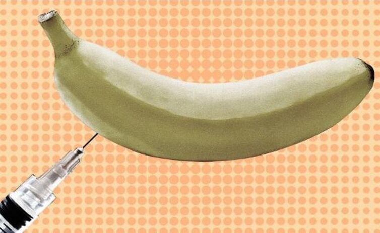 aumento do pênis por injeção usando uma banana como exemplo